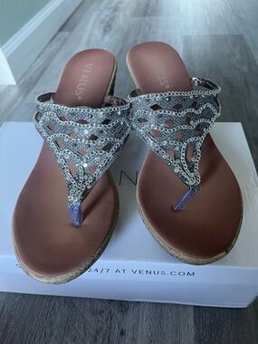 VENUS Silver Jeweled Thong Sandals with Brown Footbed